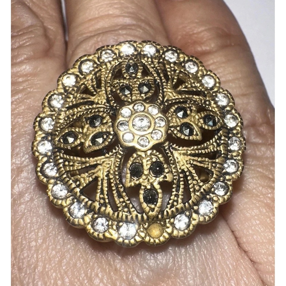 Filigree Shield Gold Tone CZ & Marcasite Rhinestone Cocktail Ring Sz 6 Statement